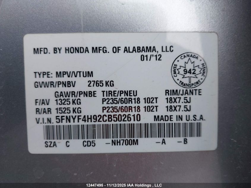 2012 Honda Pilot Touring VIN: 5FNYF4H92CB502610 Lot: 12447495