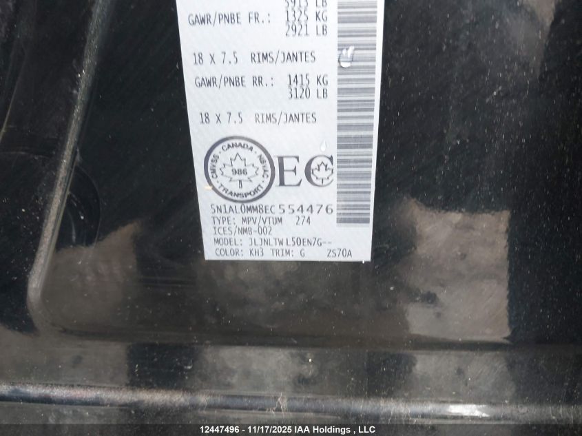 2014 Infiniti Qx60 VIN: 5N1AL0MM8EC554476 Lot: 12447496