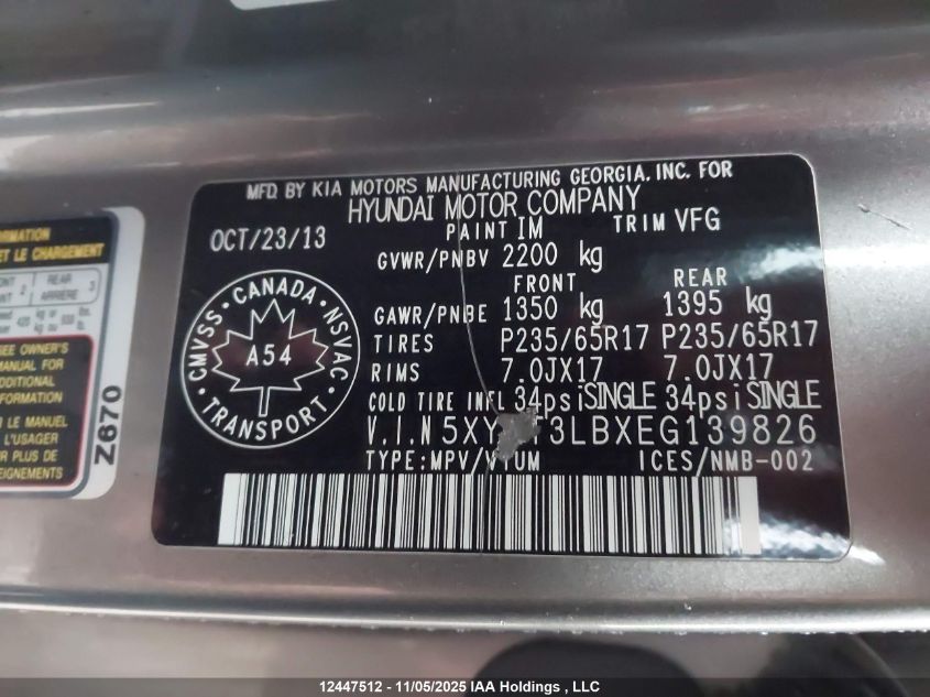 2014 Hyundai Santa Fe Sport 2.4 Base VIN: 5XYZT3LBXEG139826 Lot: 12447512