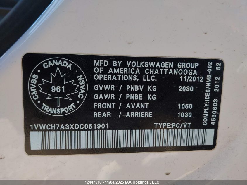 2013 Volkswagen Passat 2.5L Highline VIN: 1VWCH7A3XDC061901 Lot: 12447516