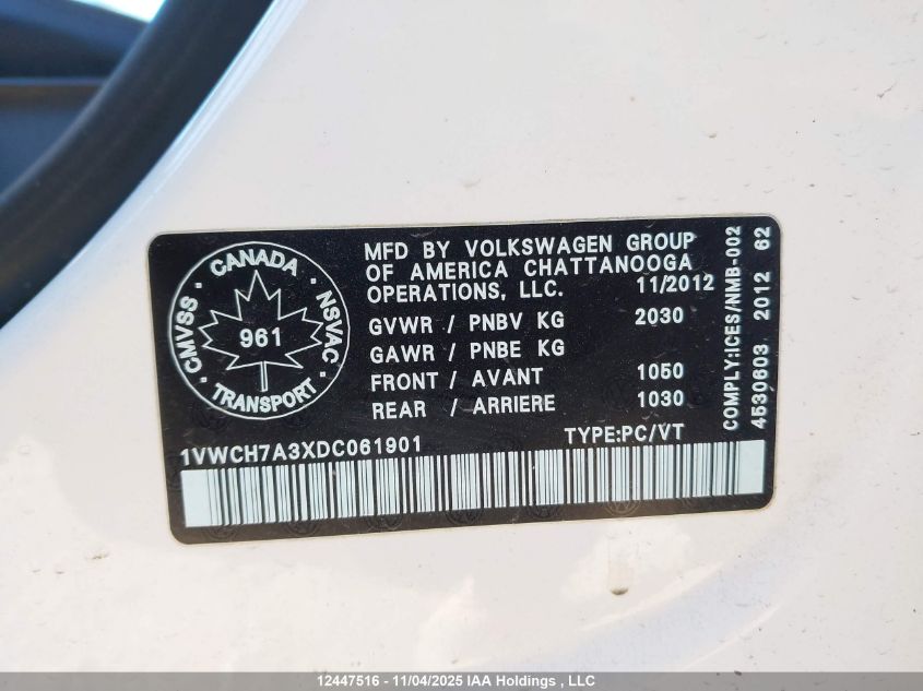 2013 Volkswagen Passat 2.5L Highline VIN: 1VWCH7A3XDC061901 Lot: 12447516