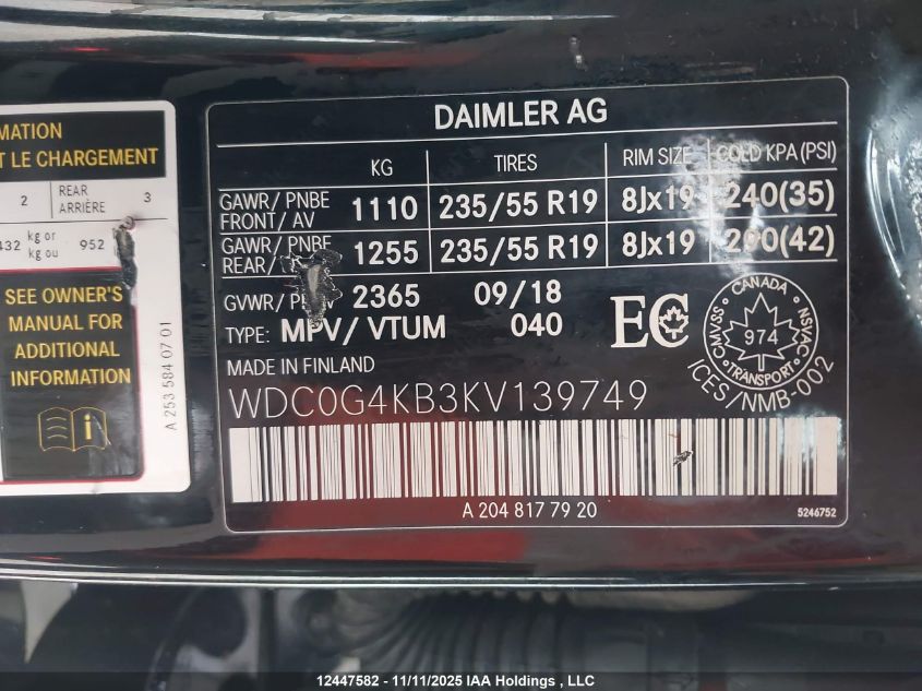 2019 Mercedes-Benz Glc 300 4Matic VIN: WDC0G4KB3KV139749 Lot: 12447582