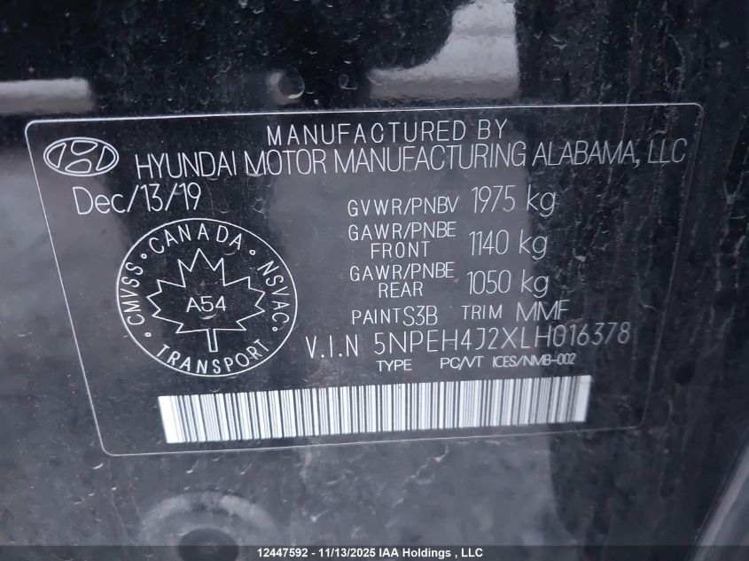 2020 Hyundai Sonata Ultimate VIN: 5NPEH4J2XLH016378 Lot: 12447592