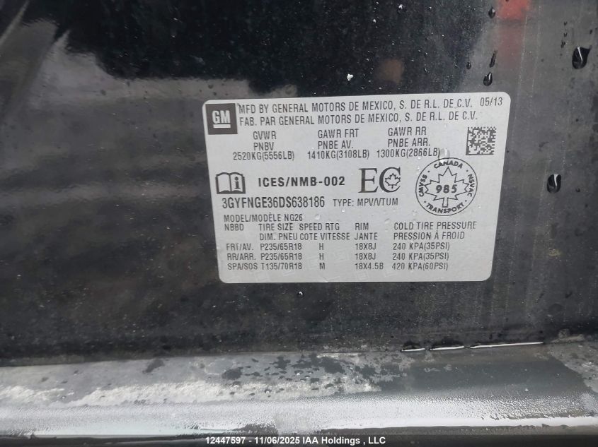 2013 Cadillac Srx Luxury Collection VIN: 3GYFNGE36DS638186 Lot: 12447597