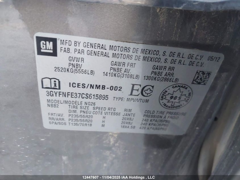 2012 Cadillac Srx Premium Collection VIN: 3GYFNFE37CS615895 Lot: 12447607