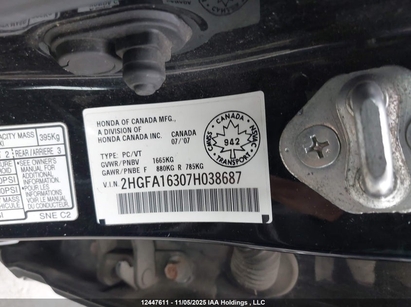 2007 Honda Civic Dx VIN: 2HGFA16307H038687 Lot: 12447611