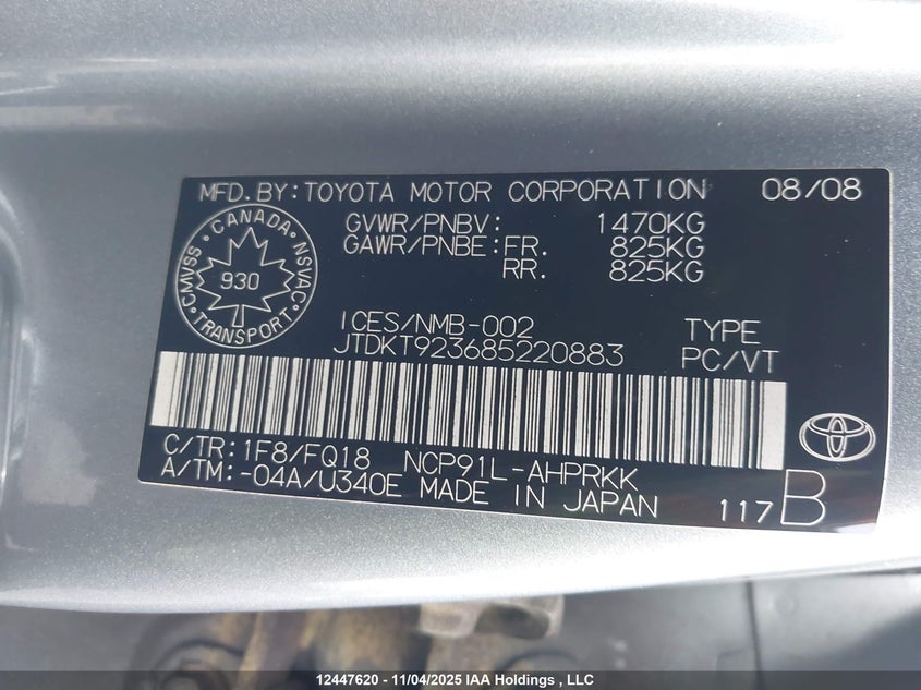 2008 Toyota Yaris VIN: JTDKT923685220883 Lot: 12447620