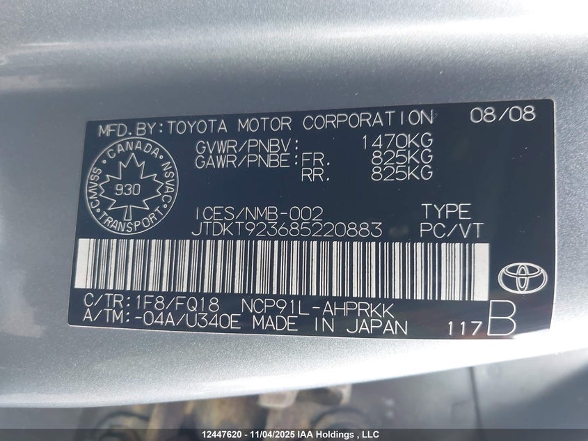 2008 Toyota Yaris VIN: JTDKT923685220883 Lot: 12447620