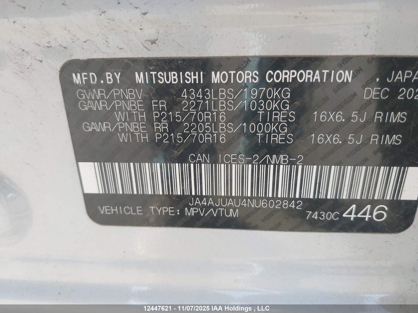 2022 Mitsubishi Rvr Es VIN: JA4AJUAU4NU602842 Lot: 12447621