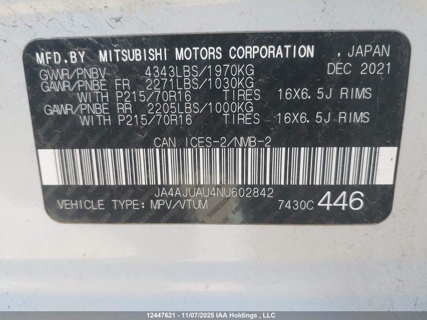 2022 Mitsubishi Rvr Es VIN: JA4AJUAU4NU602842 Lot: 12447621