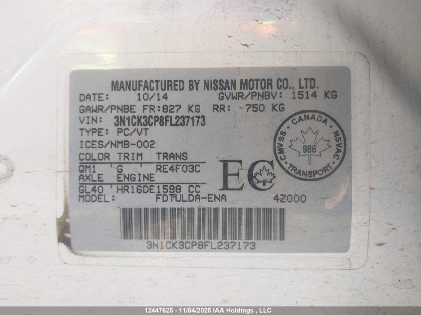 2015 Nissan Micra VIN: 3N1CK3CP8FL237173 Lot: 12447625