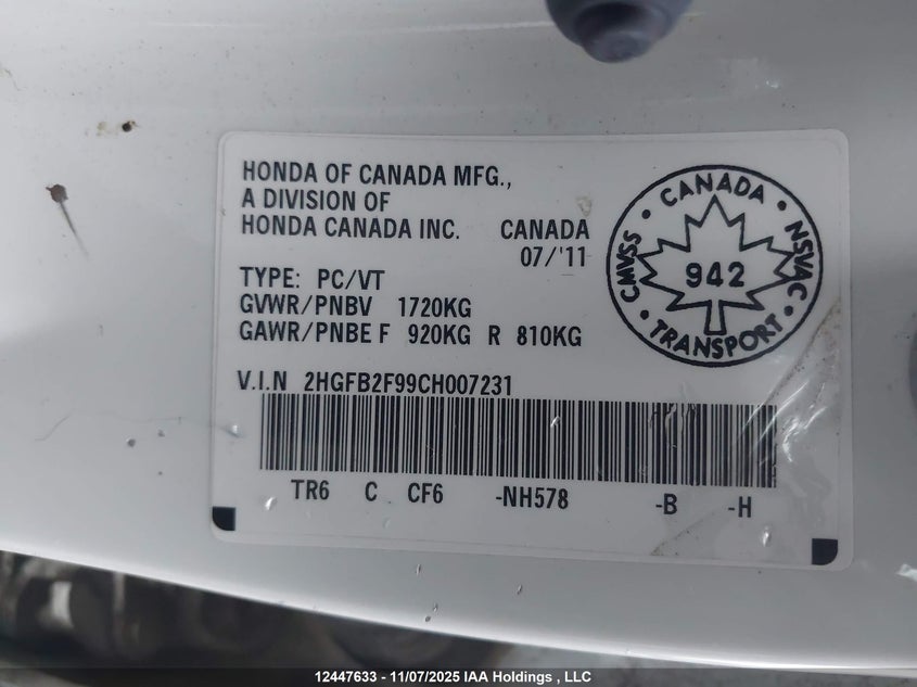 2012 Honda Civic Ex-L VIN: 2HGFB2F99CH007231 Lot: 12447633