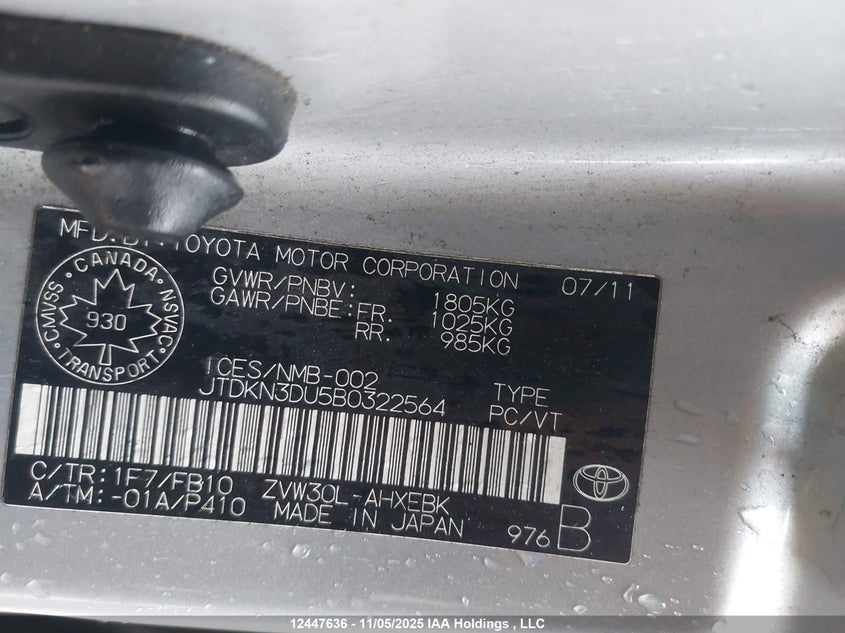 JTDKN3DU5B0322564 2011 TOYOTA PRIUS photo no. 9