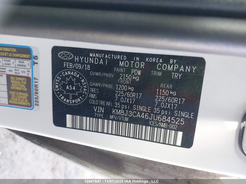 2018 Hyundai Tucson Premium 2.0L VIN: KM8J3CA46JU684525 Lot: 12447647