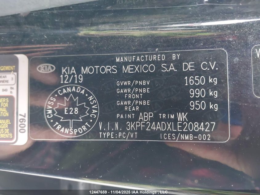 2020 Kia Forte Lx VIN: 3KPF24ADXLE208427 Lot: 12447659