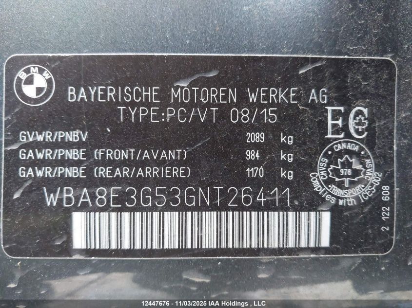 2016 BMW 328I xDrive VIN: WBA8E3G53GNT26411 Lot: 12447676