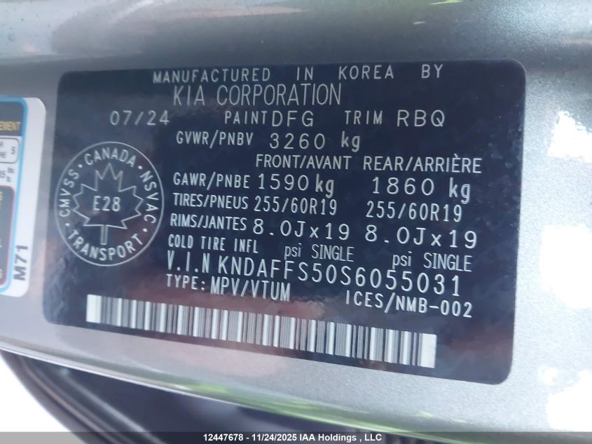 2025 Kia Ev9 VIN: KNDAFFS50S6055031 Lot: 12447678