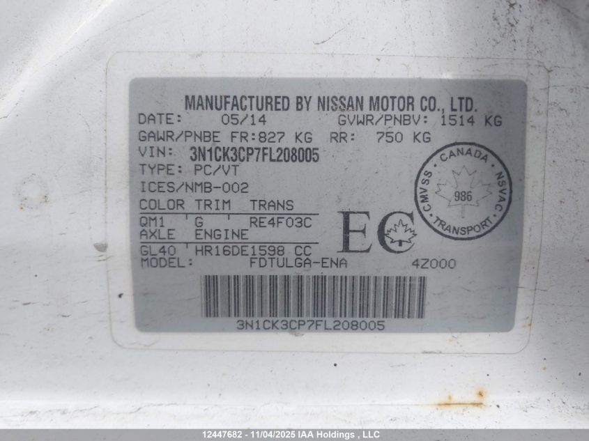 2015 Nissan Micra VIN: 3N1CK3CP7FL208005 Lot: 12447682