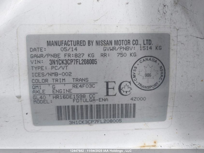 2015 Nissan Micra VIN: 3N1CK3CP7FL208005 Lot: 12447682