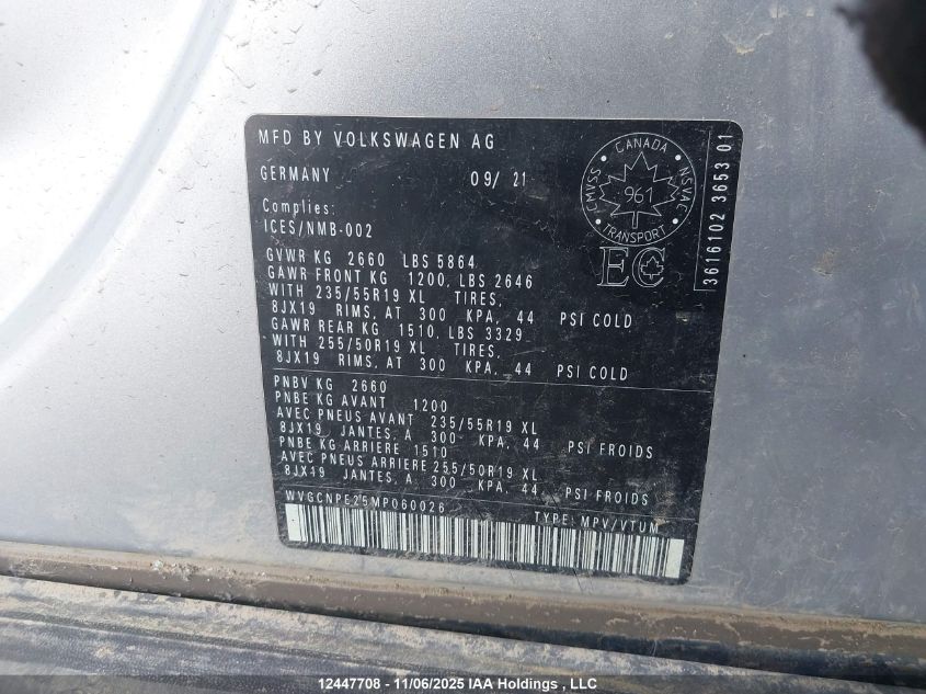 2021 Volkswagen Id.4 Pro VIN: WVGCNPE25MP060026 Lot: 12447708