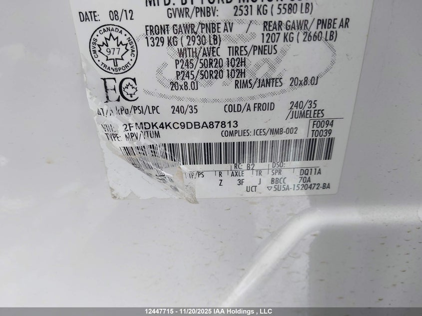 2013 Ford Edge Limited VIN: 2FMDK4KC9DBA87813 Lot: 12447715