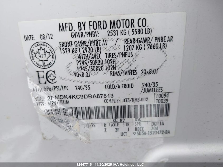 2013 Ford Edge Limited VIN: 2FMDK4KC9DBA87813 Lot: 12447715