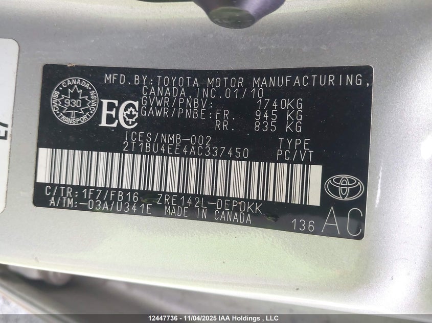 2010 Toyota Corolla Ce VIN: 2T1BU4EE4AC337450 Lot: 12447736