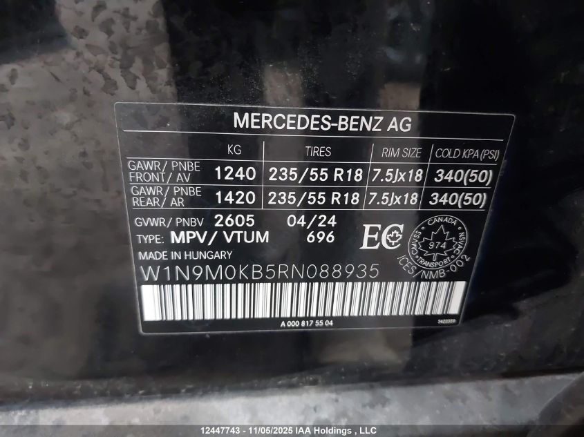2024 Mercedes-Benz Eqb 300 4Matic VIN: W1N9M0KB5RN088935 Lot: 12447743