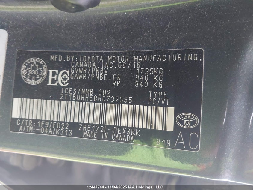 2T1BURHE8GC732555 2016 TOYOTA COROLLA photo no. 9