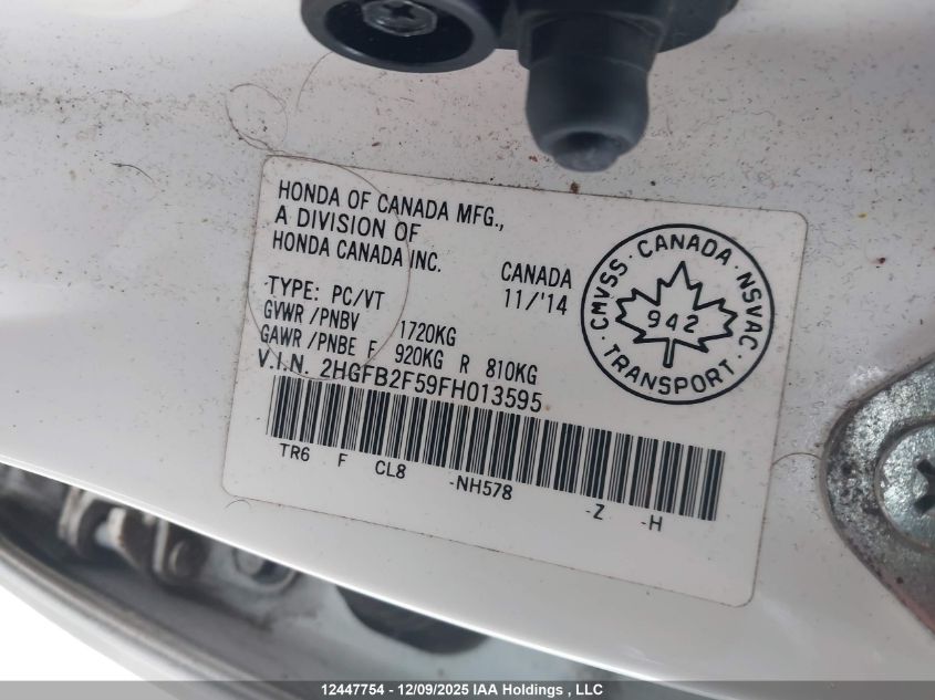 2015 Honda Civic Ex 4Dr VIN: 2HGFB2F59FH013595 Lot: 12447754