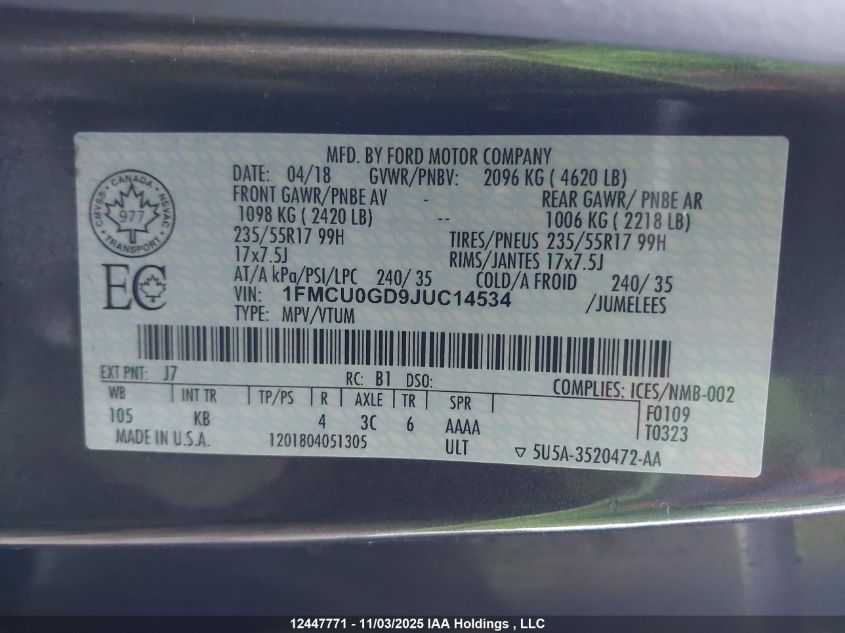 2018 Ford Escape Se VIN: 1FMCU0GD9JUC14534 Lot: 12447771