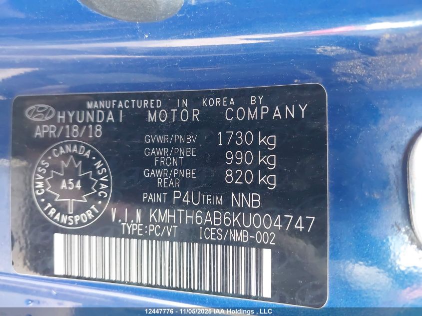 2019 Hyundai Veloster Turbo/Turbo R-Spec/Turbo Ultimate VIN: KMHTH6AB6KU004747 Lot: 12447776