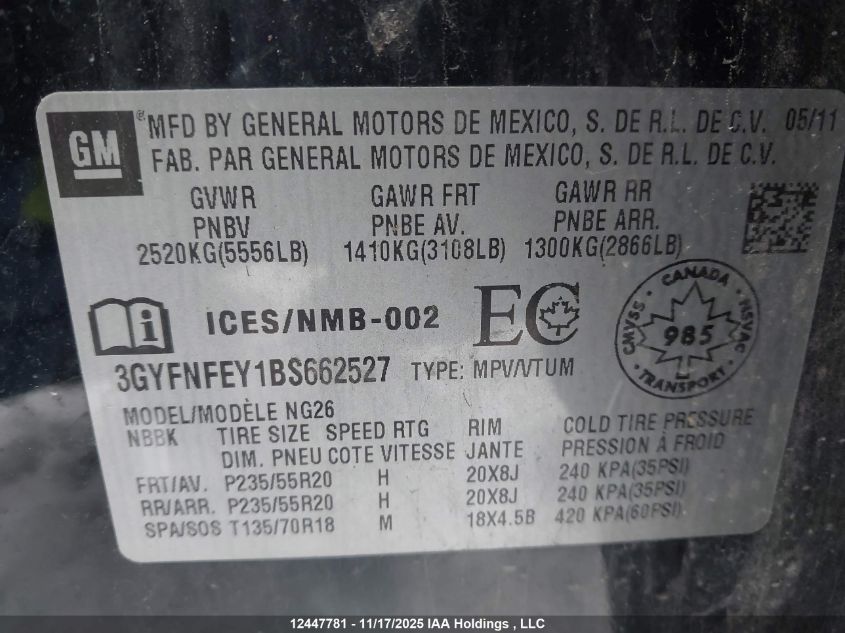 2011 Cadillac Srx VIN: 3GYFNFEY1BS662527 Lot: 12447781