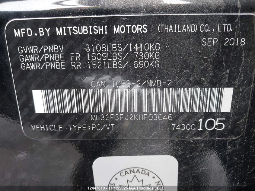 2019 Mitsubishi Mirage VIN: ML32F3FJ2KHF03046 Lot: 12447810