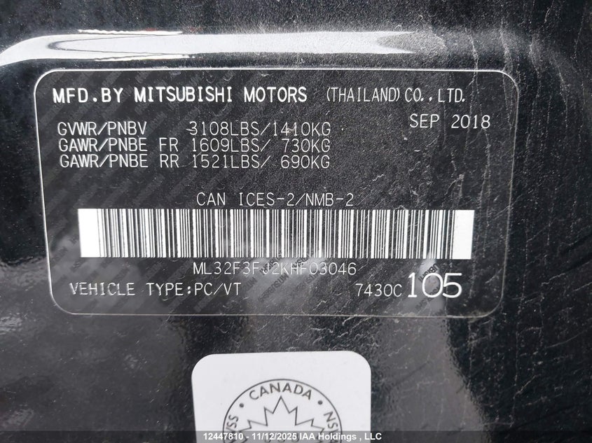 2019 Mitsubishi Mirage VIN: ML32F3FJ2KHF03046 Lot: 12447810