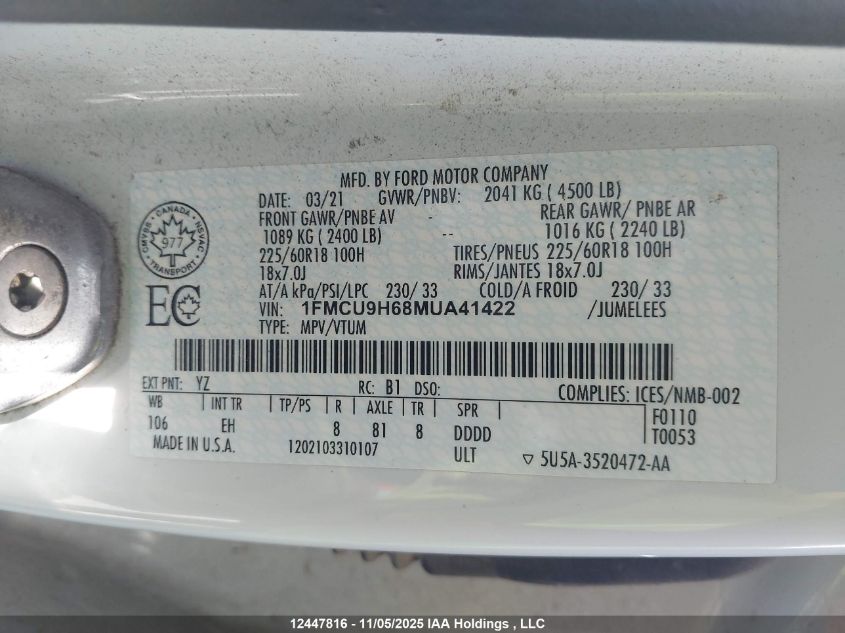 2021 Ford Escape Sel VIN: 1FMCU9H68MUA41422 Lot: 12447816