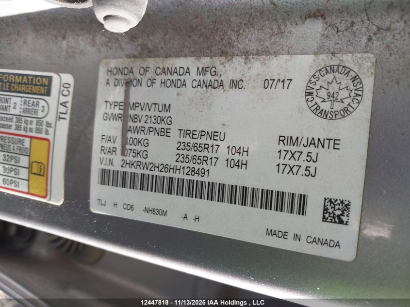 2017 Honda Cr-V VIN: 2HKRW2H26HH128491 Lot: 12447818