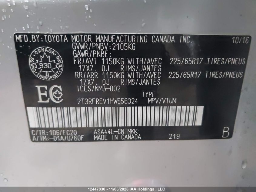 2017 Toyota Rav4 Xle VIN: 2T3RFREV1HW556324 Lot: 12447830