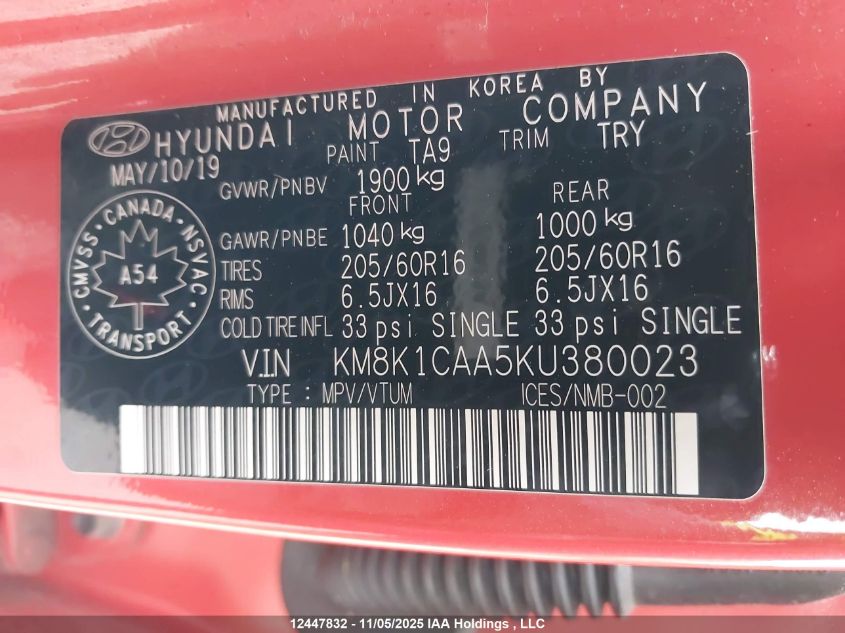 2019 Hyundai Kona 2.0L Essential VIN: KM8K1CAA5KU380023 Lot: 12447832
