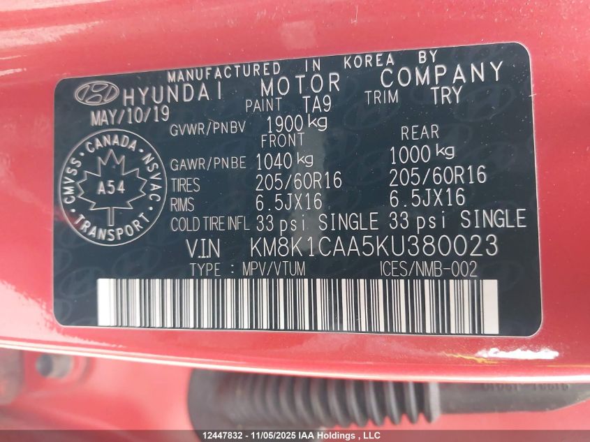2019 Hyundai Kona 2.0L Essential VIN: KM8K1CAA5KU380023 Lot: 12447832