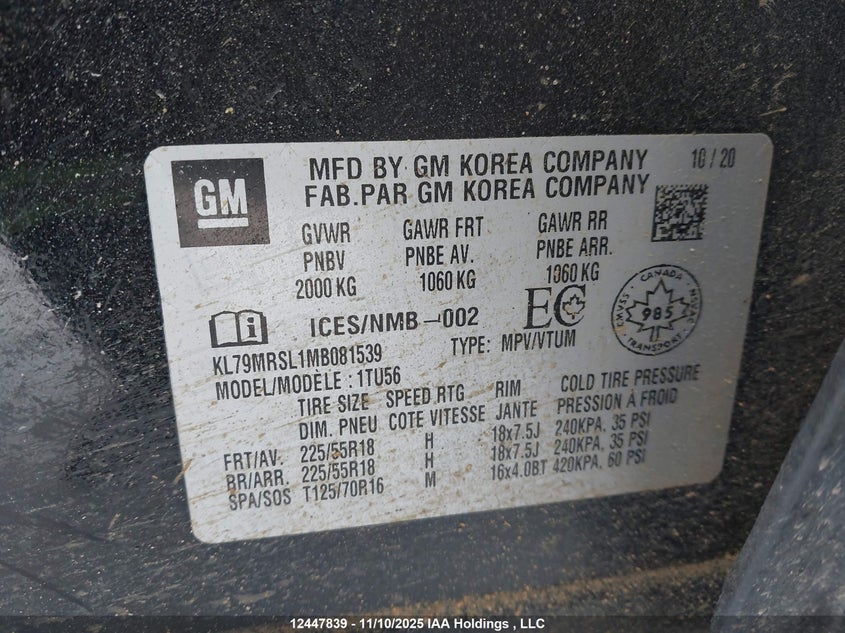 2021 Chevrolet Trailblazer VIN: KL79MRSL1MB081539 Lot: 12447839