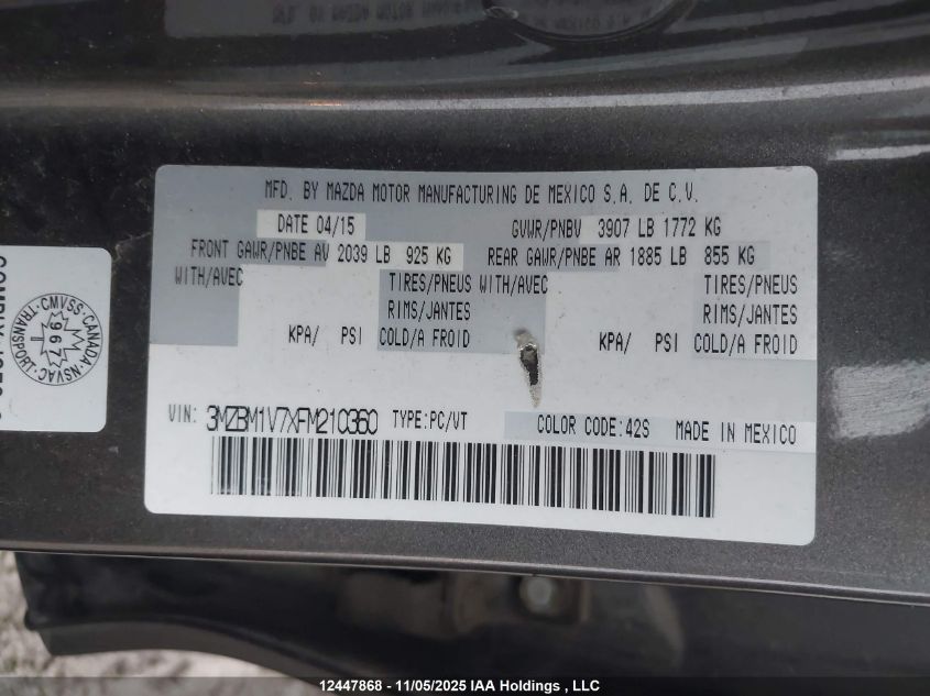 2015 Mazda Mazda3 Gs VIN: 3MZBM1V7XFM210360 Lot: 12447868