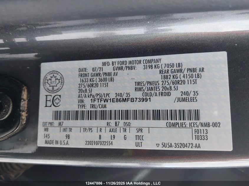 2021 Ford F-150 Platinum VIN: 1FTFW1E86MFB73991 Lot: 12447886