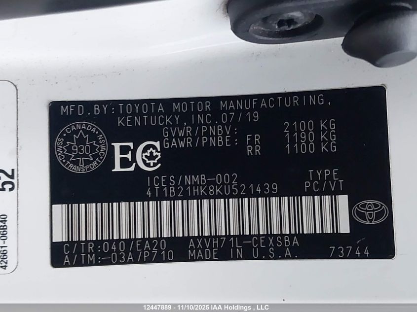 2019 Toyota Camry Hybrid/Le/Xle/Se VIN: 4T1B21HK8KU521439 Lot: 12447889