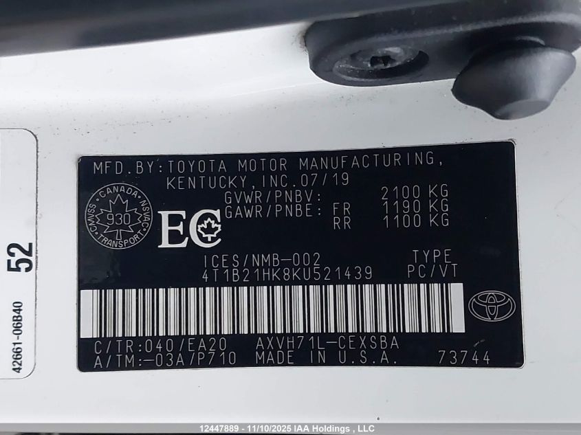 2019 Toyota Camry Hybrid/Le/Xle/Se VIN: 4T1B21HK8KU521439 Lot: 12447889