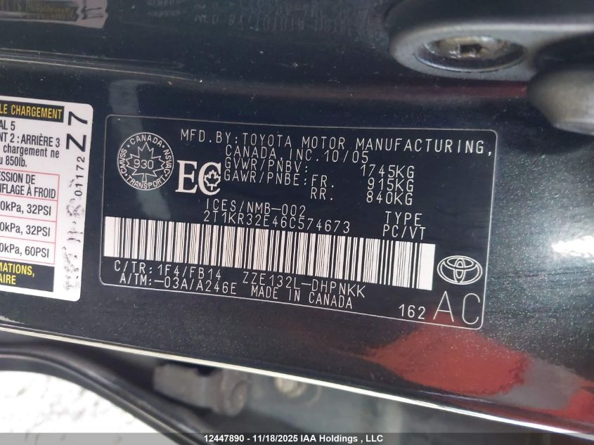 2006 Toyota Corolla Matrix Xr VIN: 2T1KR32E46C574673 Lot: 12447890