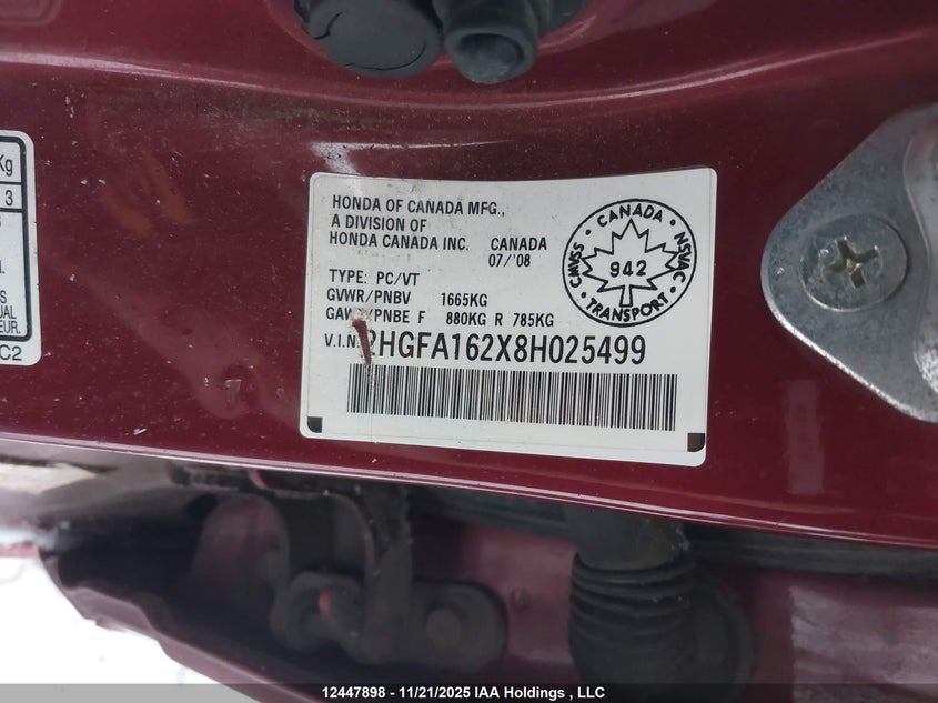 2008 Honda Civic Dx VIN: 2HGFA162X8H025499 Lot: 12447898