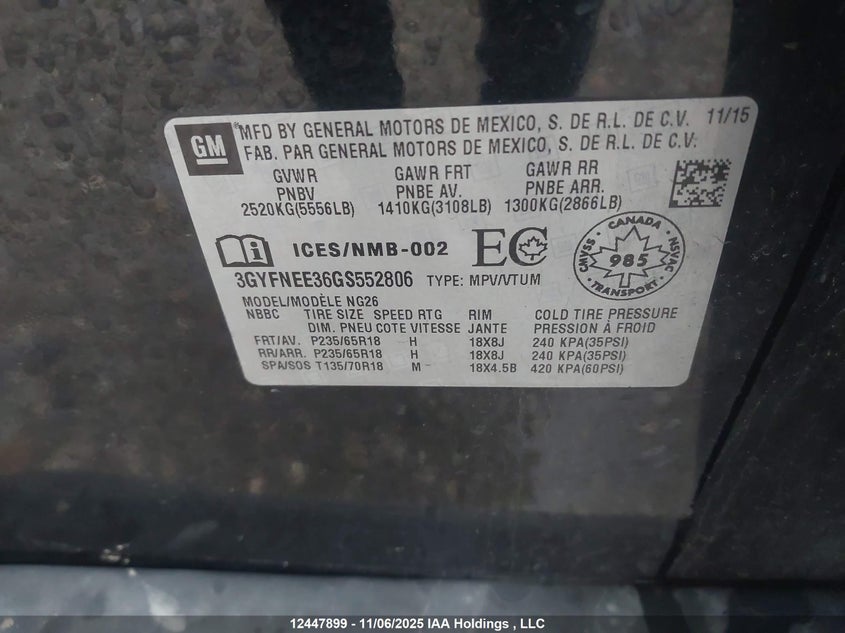 2016 Cadillac Srx Luxury Collection VIN: 3GYFNEE36GS552806 Lot: 12447899