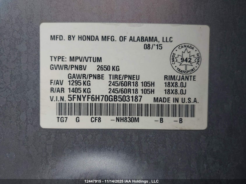 2016 Honda Pilot Ex-L Navi VIN: 5FNYF6H70GB503187 Lot: 12447915