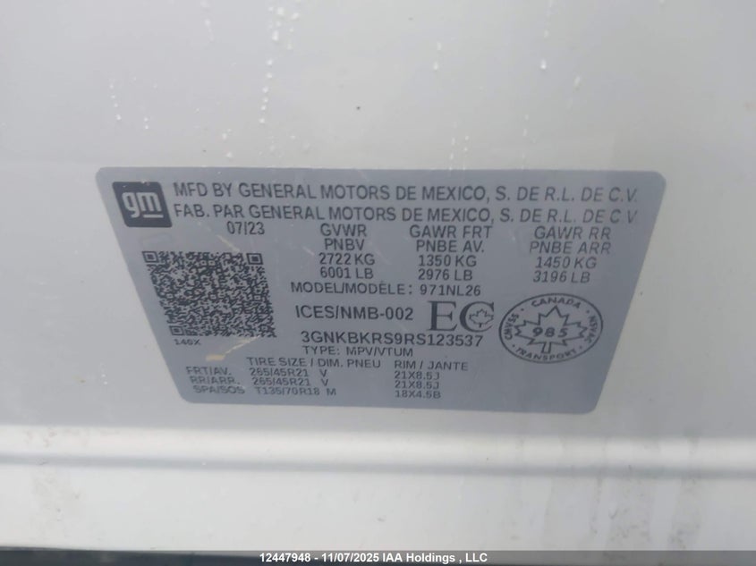 2024 Chevrolet Blazer VIN: 3GNKBKRS9RS123537 Lot: 12447948